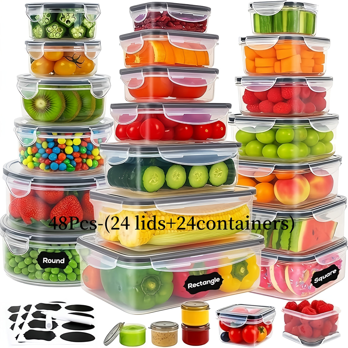 Food Storage Container Set 48 Piece – Airtight Leak-Proof BPA-Free Stackable Plastic Containers with Lids, 8 Sizes Microwave Freezer Dishwasher Safe, Kitchen Pantry Meal Prep Organizer with Labels & Marker