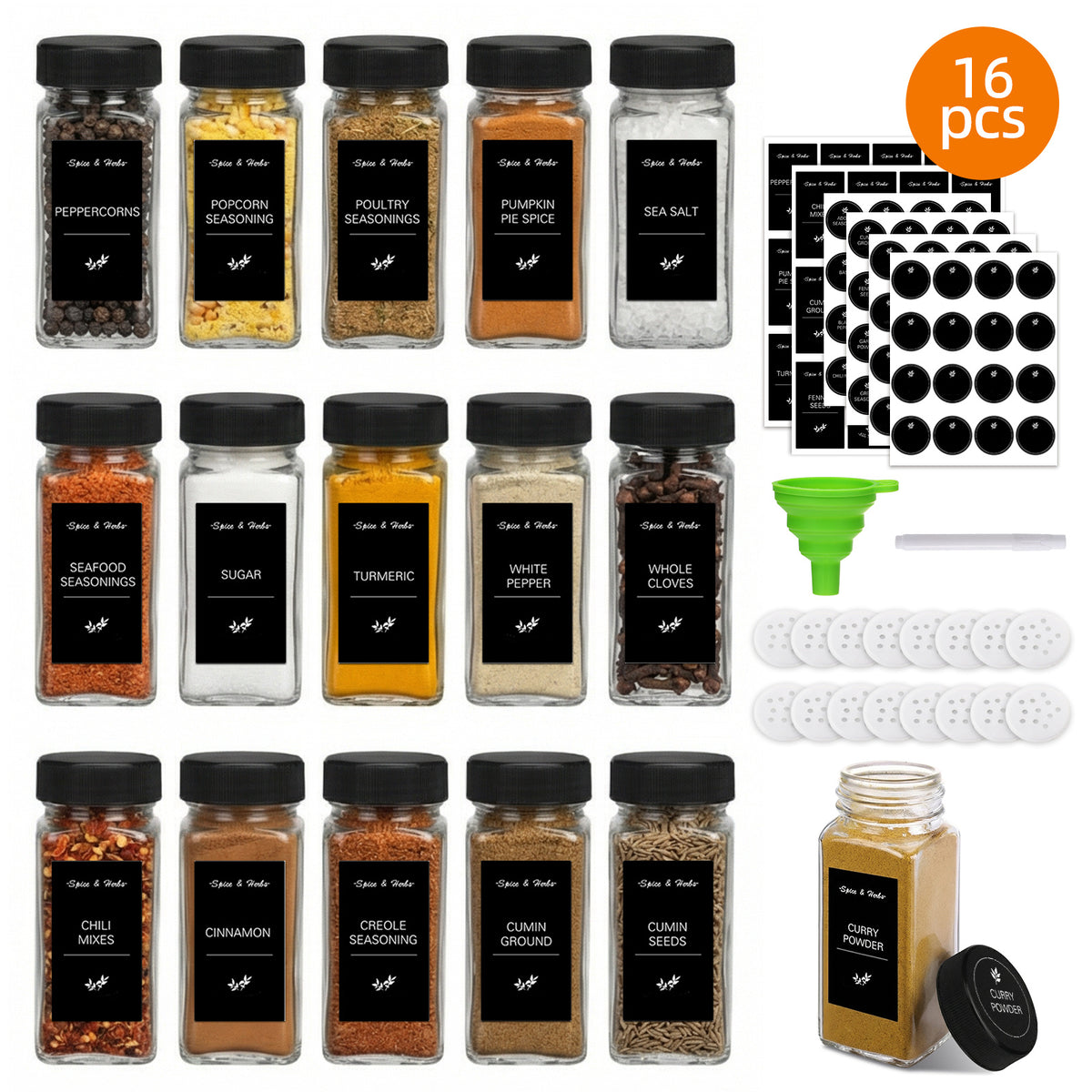 Glass Spice Jars Set with Labels and Shaker Lids, 4oz Square Airtight Seasoning Bottles with Collapsible Funnel Brush and Marker, BPA-Free Kitchen Spice Organizer for Rack Drawer Cabinet, 16/24/36/48 Pack