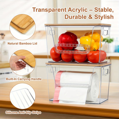 Acrylic Trash Bag Dispenser Stackable with Bamboo Lid, Clear Trash Bag Holder Extra Large, Under Sink Organizer for Kitchen, Laundry Room, Pantry, Holds 13/30/33 Gallon Bags – 1, 2 or 4 Pack