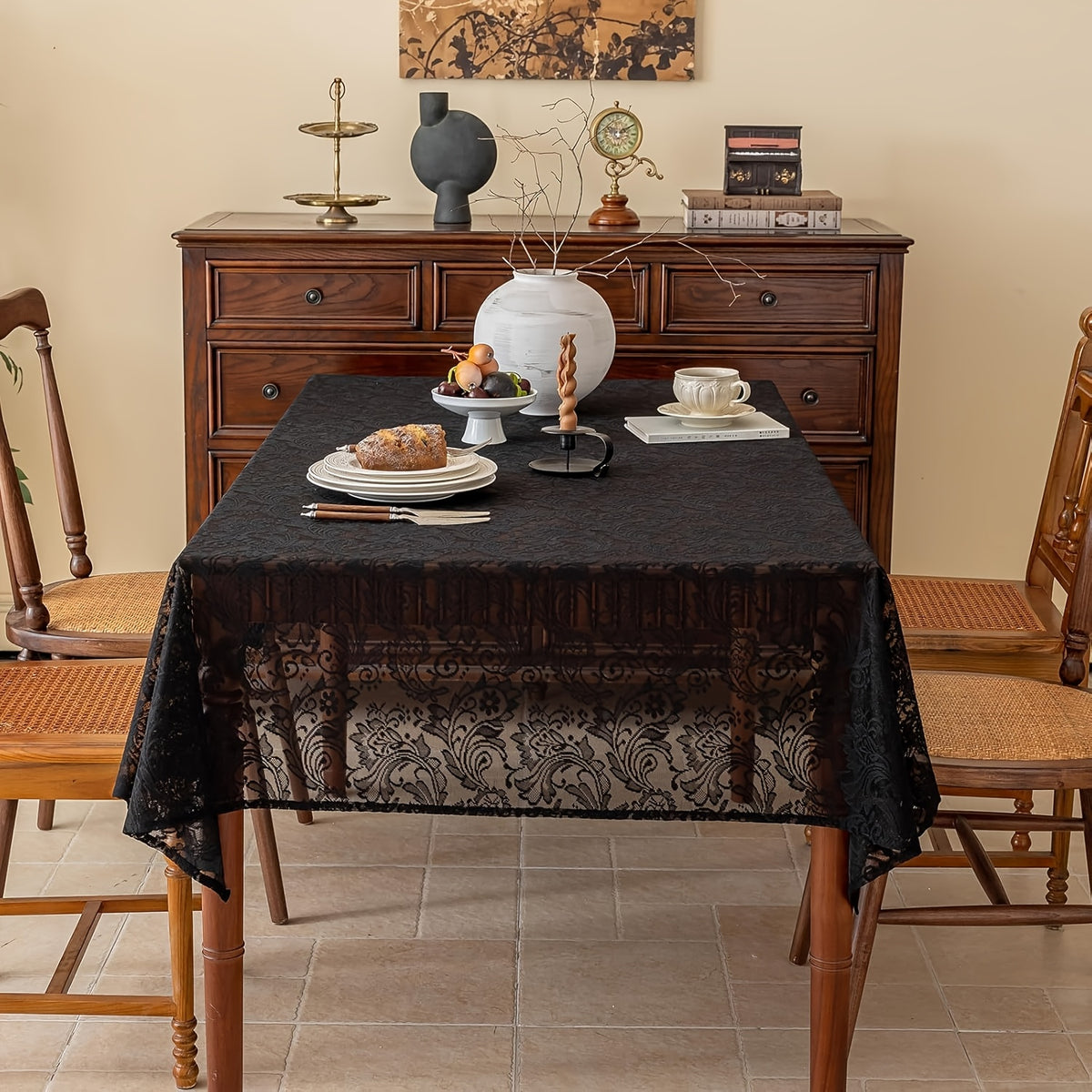 Black Lace Tablecloth with Floral Pattern - Elegant Polyester Rectangular Table Cover for Farmhouse, Thanksgiving, Holiday Dining & Wedding Decor, Machine-Made Durable Fabric