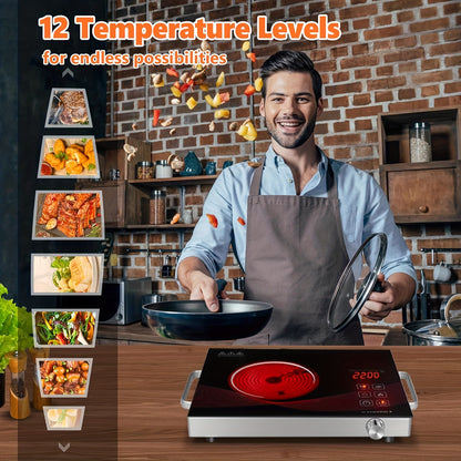 Portable Electric Ceramic Hot Plate 2200W with Dual Control - Infrared Countertop Burner with Adjustable Temperature, Touch & Rotation Knob, Induction Compatible Cooktop for Dorm, RV & Small Kitchen