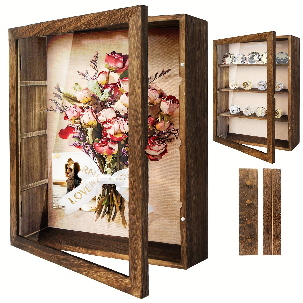Shadow Box Display Case 11x14 with 4 Removable Shelves & Linen Back - Large Memory Box for Medals, Coins, Rings, Flowers, Photos, Pin Collections, Wall Hanging Frame, Black White Brown