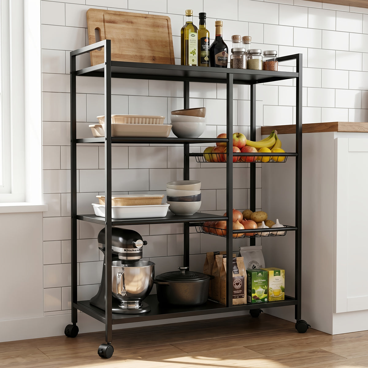 Rolling Storage Rack with Baskets Adjustable Metal Shelf on Wheels Kitchen Pantry Organizer Garage Bathroom Closet Utility Standing Shelf