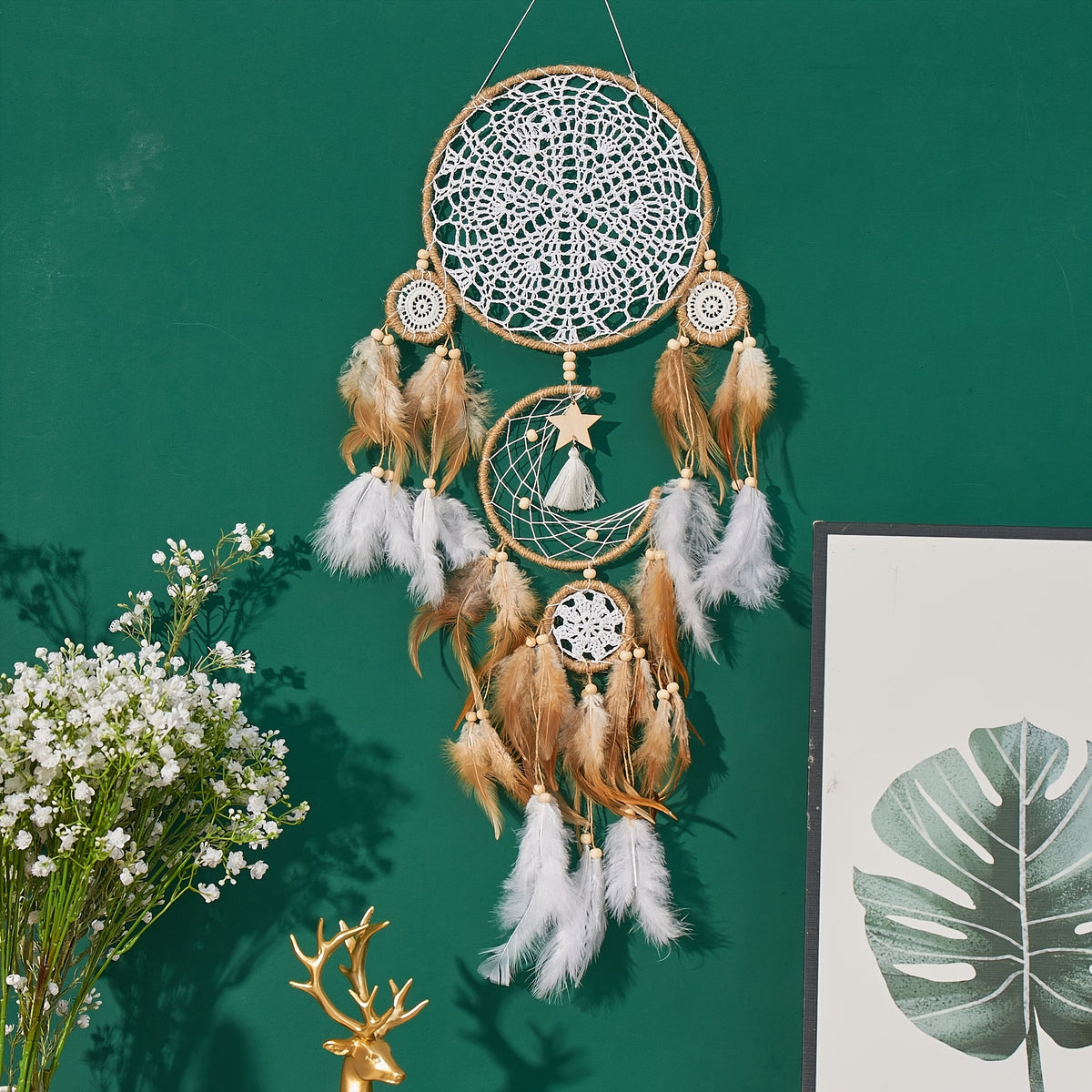 Dream Catcher 5 Pack Large Handmade Boho Wall Decor with Moon & Sun Design – Camel Feather Wall Hanging for Bedroom, Nursery & Living Room – Perfect Christmas & Thanksgiving Gift