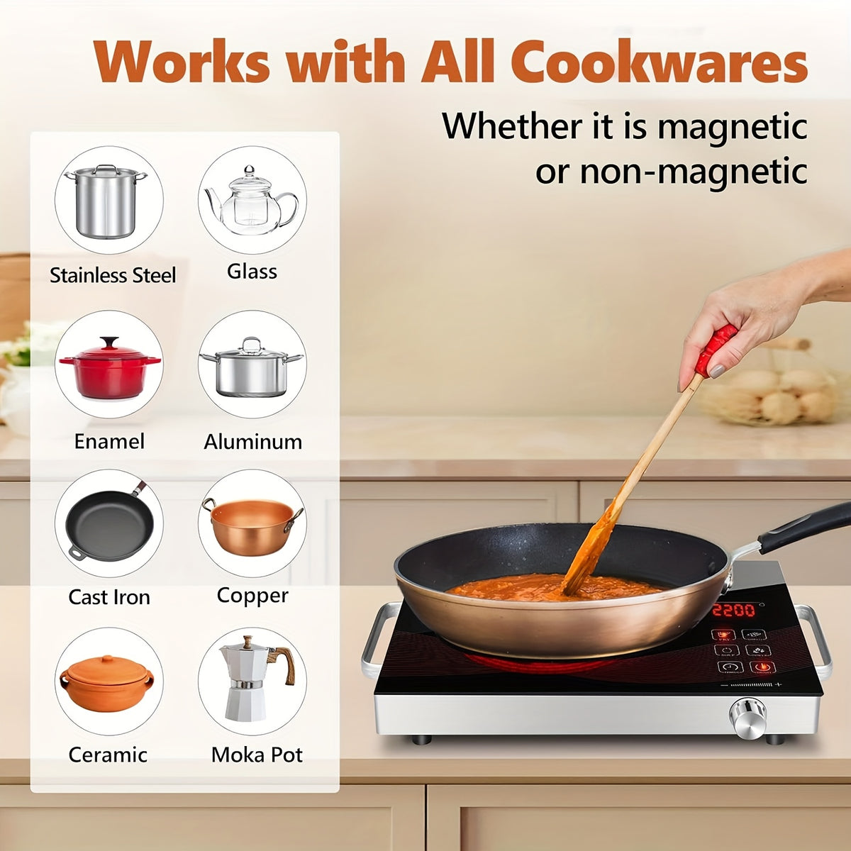 Portable Electric Ceramic Hot Plate 2200W with Dual Control - Infrared Countertop Burner with Adjustable Temperature, Touch & Rotation Knob, Induction Compatible Cooktop for Dorm, RV & Small Kitchen