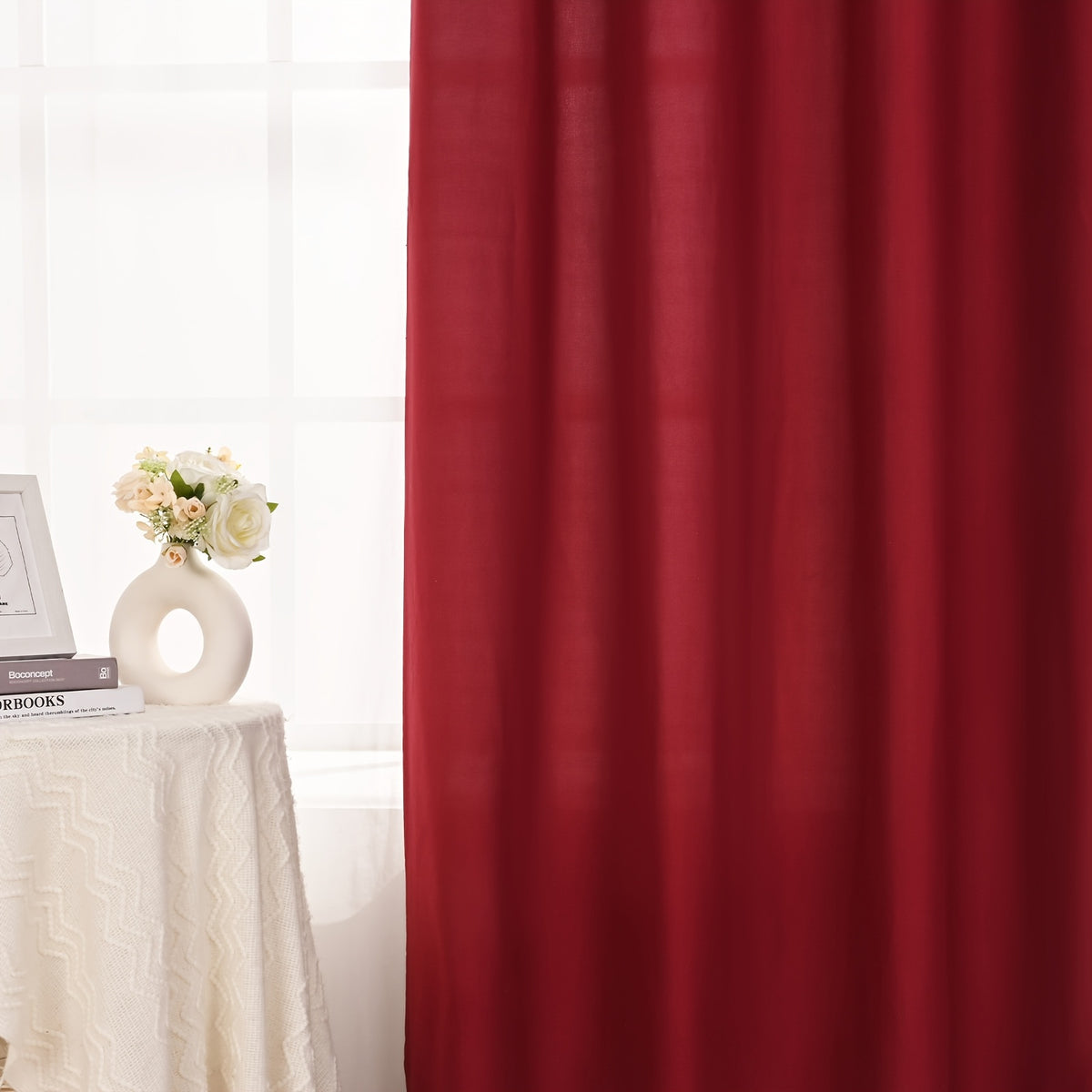 Rod Pocket Curtains 4 Panels Light Filtering – Fade Resistant Polyester Window Drapes for Living Room Bedroom Home Office, Navy Blue Beige Red, 37"-54" Wide