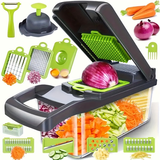 Vegetable Chopper 16-in-1 Manual Food Chopper Set with 8 Stainless Steel Blades, 304 BPA-Free Container, Peeler & Filter – Onion Dicer, Garlic Mincer, Carrot Slicer, Kitchen Meal Prep Tool