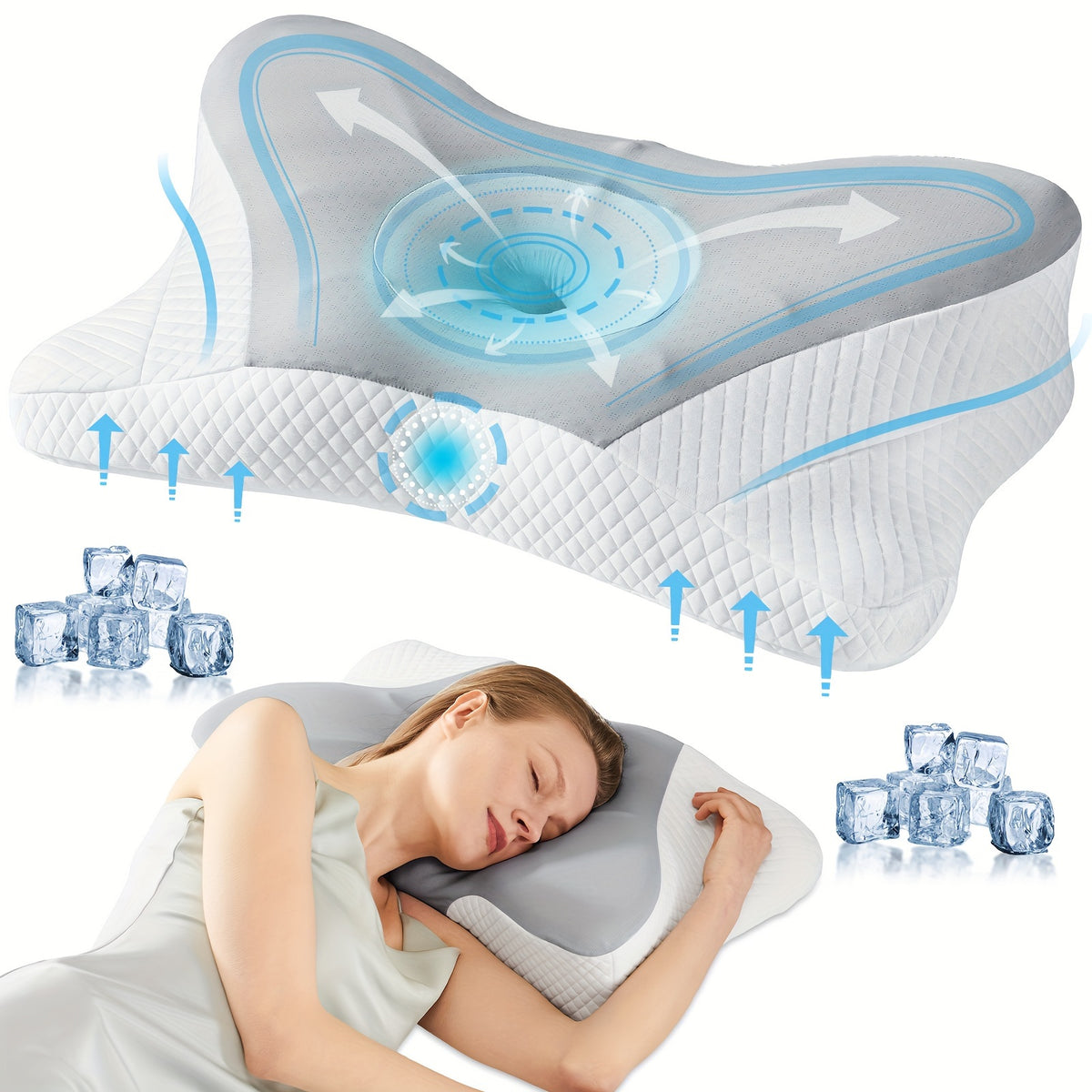 Cervical Neck Pillow Memory Foam Ergonomic Contour for Side Back Stomach Sleepers - Orthopedic Neck Support with Cooling Pillowcase, Grey White King Standard 2-Pack
