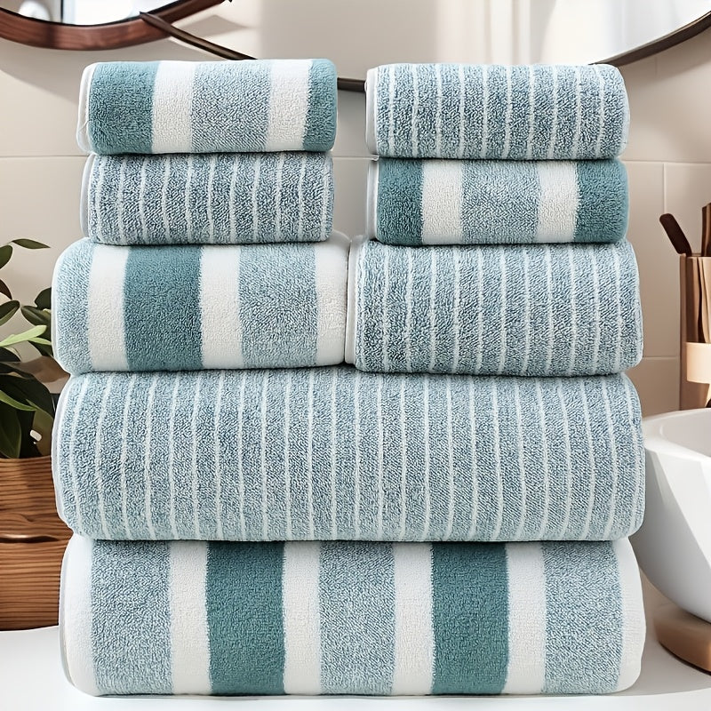 Bath Towel Set 8pcs Hotel Quality – Lint-Free Super Absorbent Soft Striped Towels, 2 Bath Towels + 2 Hand Towels + 4 Washcloths, Five-Star Hotel Standard Bathroom Towel Set, 9 Colors Available