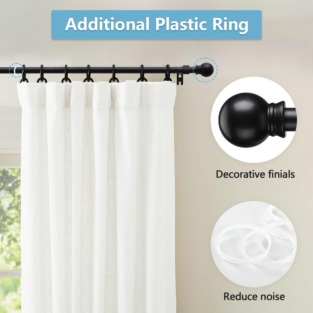 Curtain Rods 2 Pack Matte Black Adjustable 28-95 Inch 5/8 Inch Diameter Extra Long Window Curtain Rod for Living Room Bedroom Bathroom Kitchen