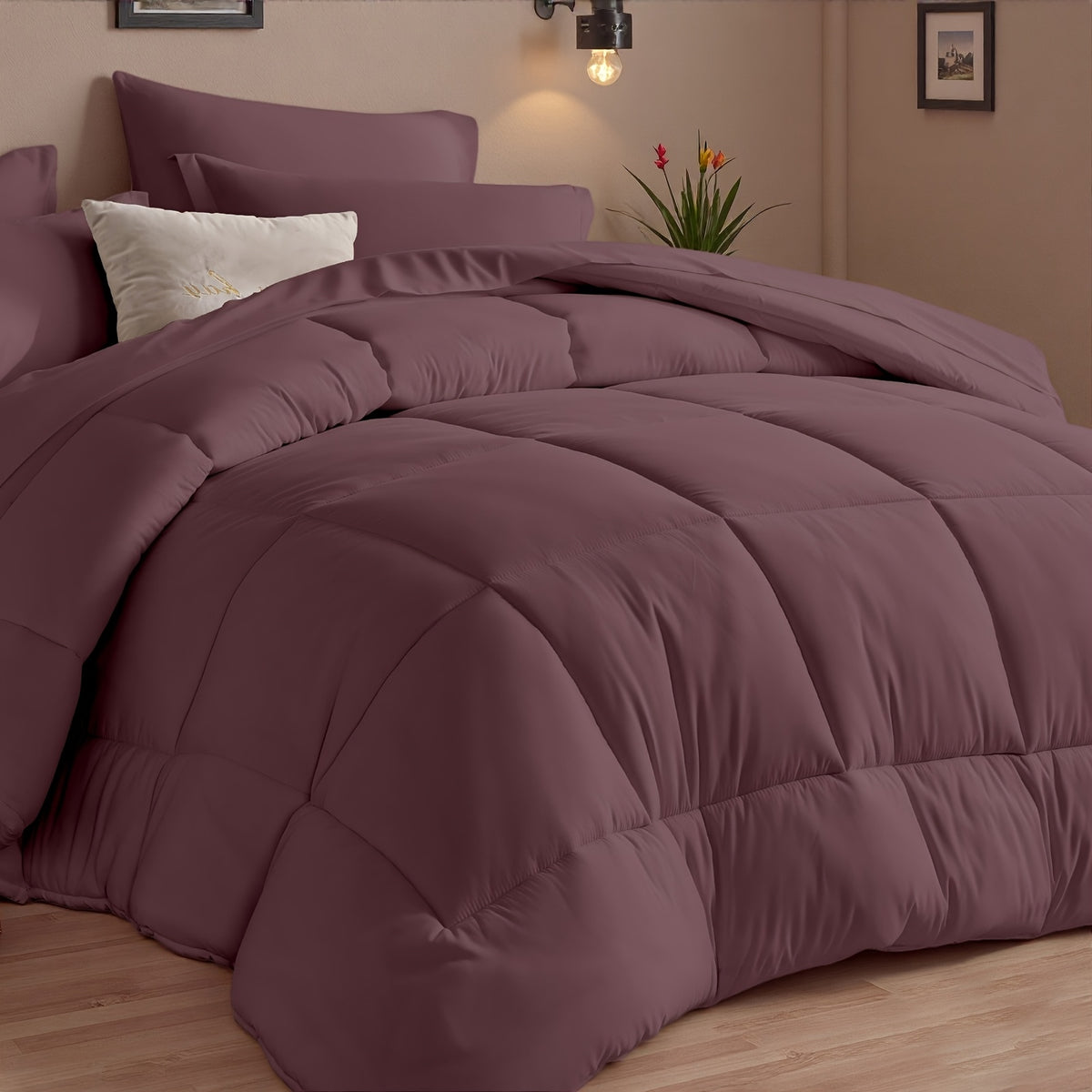 Comforter Set 5/7 Piece Checkered Pattern Bed in a Bag – Ultra Soft Breathable Fluffy Fiber Fill All Season Bedding Set with Comforter Flat Sheet Fitted Sheet Pillowcases, Twin Full Queen King 17 Colors