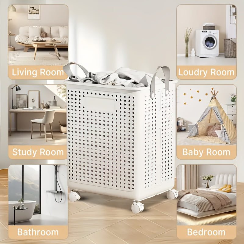 Foldable Laundry Basket with Wheels Large Capacity – Plastic Collapsible Wheeled Hamper for Bathroom, Balcony & Small Apartment, Portable Rolling Laundry Bin in Cream & White