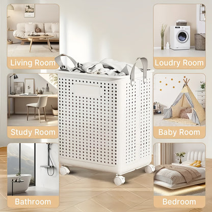 Foldable Laundry Basket with Wheels Large Capacity – Plastic Collapsible Wheeled Hamper for Bathroom, Balcony & Small Apartment, Portable Rolling Laundry Bin in Cream & White
