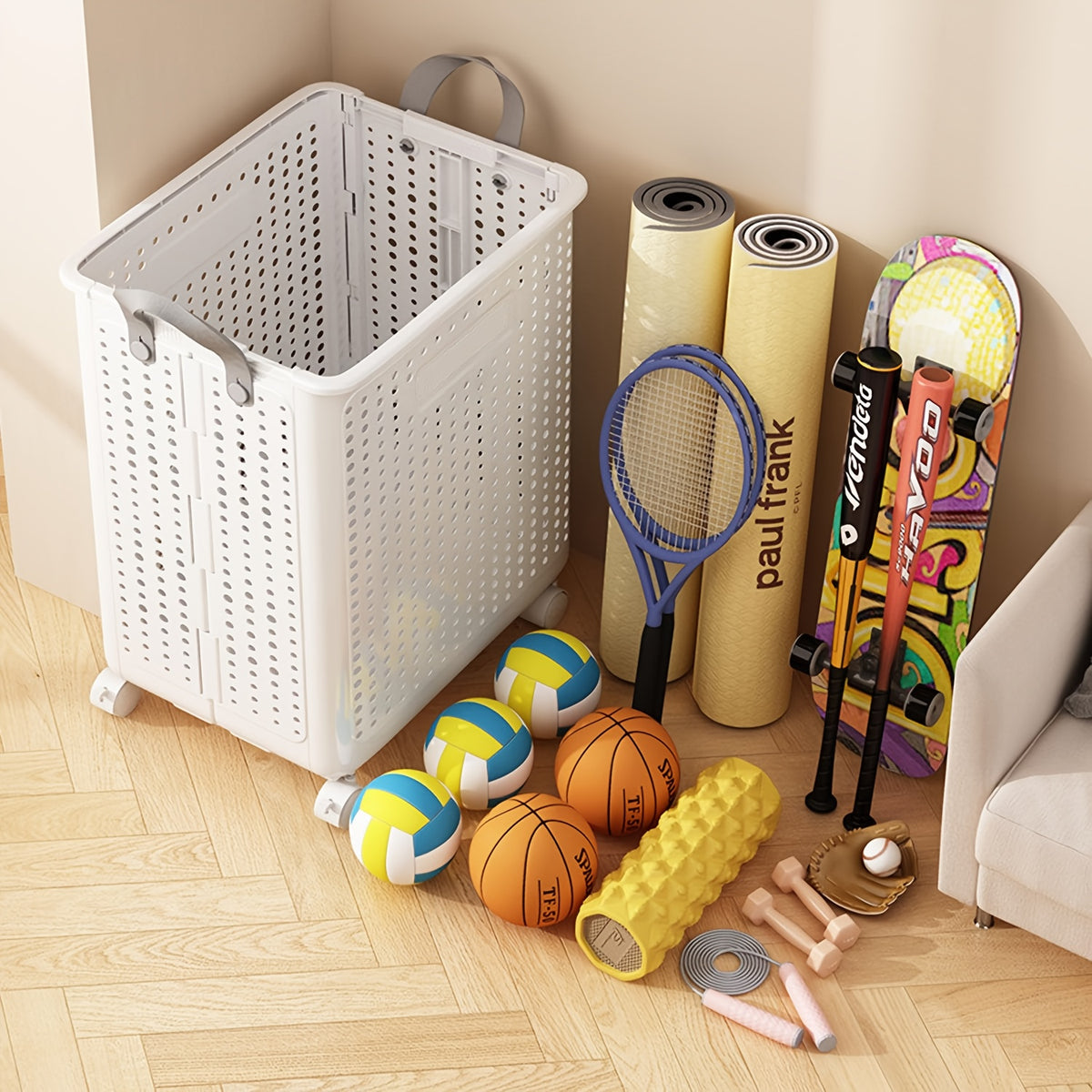 Foldable Laundry Basket with Wheels Large Capacity – Plastic Collapsible Wheeled Hamper for Bathroom, Balcony & Small Apartment, Portable Rolling Laundry Bin in Cream & White