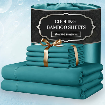 Bamboo Bed Sheet Set Extra Deep Pocket – 4 & 6 Piece Breathable Cooling Fitted Sheet Set, Soft Wrinkle-Free Hotel Luxury Bedding for Hot Sleepers, Twin Full Queen King Size with Pillowcases