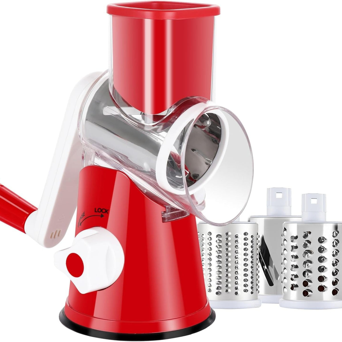 Suction Base Rotary Cheese Grater Hand Crank 3 Stainless Steel Blades BPA Free Touch-Free Shredder for Cheese Vegetables Nuts with Cleaning Brush Multi Color