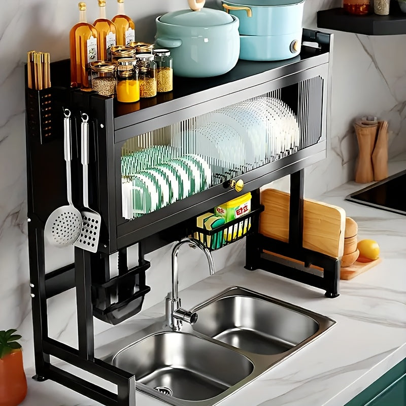 Dish Drying Rack for Kitchen Counter, Multi-Layer Countertop Dish Rack with Dust Cover, Large Capacity Organizer for Dishes Cups Utensils, Space Saving Kitchen Drying Rack in Black