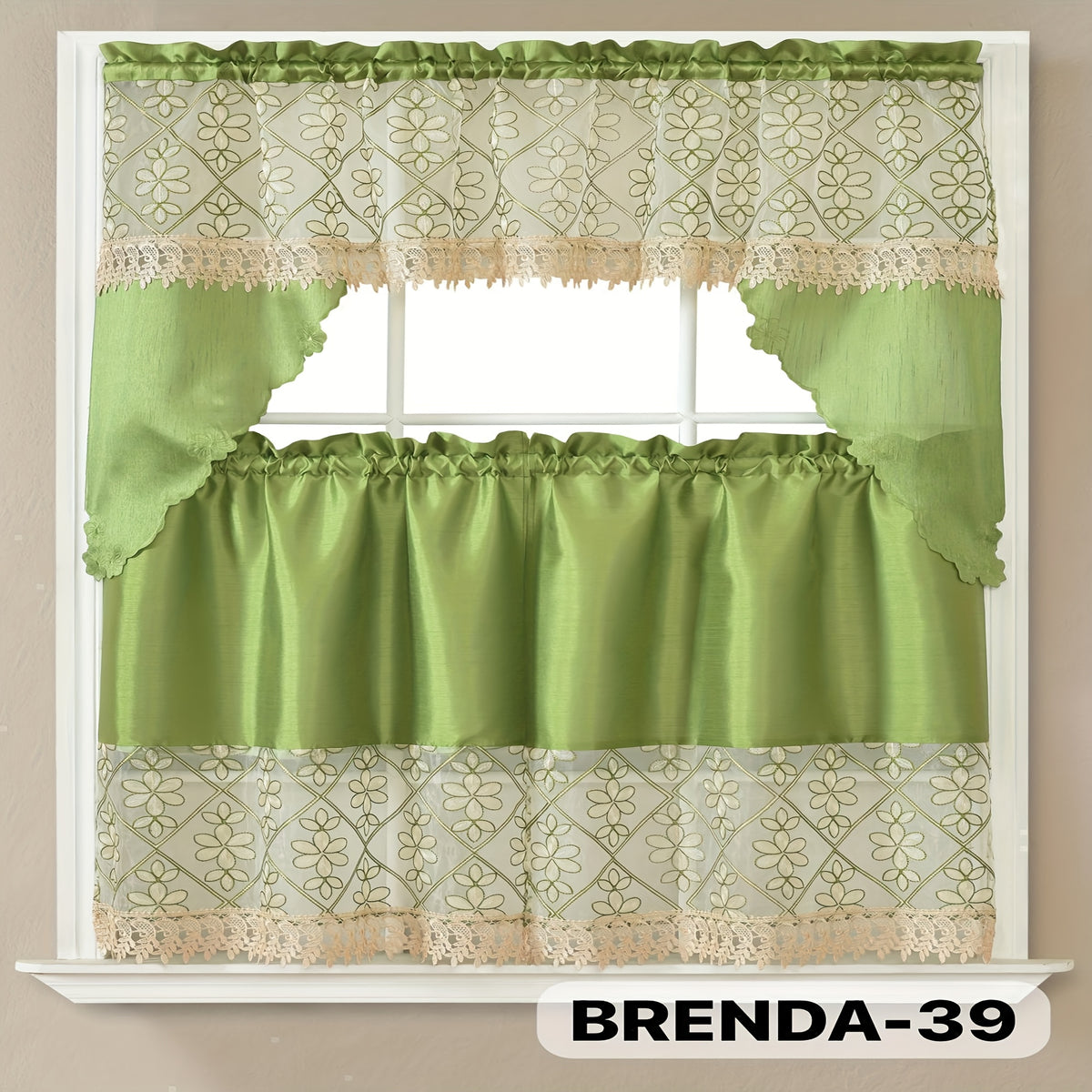 Kitchen Curtains Set 3 Piece with Embroidery – Satin Fabric Valance and Tier Curtains for Kitchen Windows, 49 Colors, Light Filtering, Rod Pocket, Machine Washable