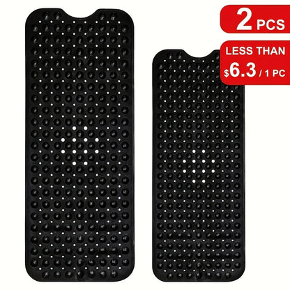 Non-Slip Bathtub Mat with Suction Cups Extra Long – Machine Washable Quick-Dry Shower Mat with Drain Holes, Textured Safety Bath Rug for Bathroom Tub & Wet Areas, 2pcs Set