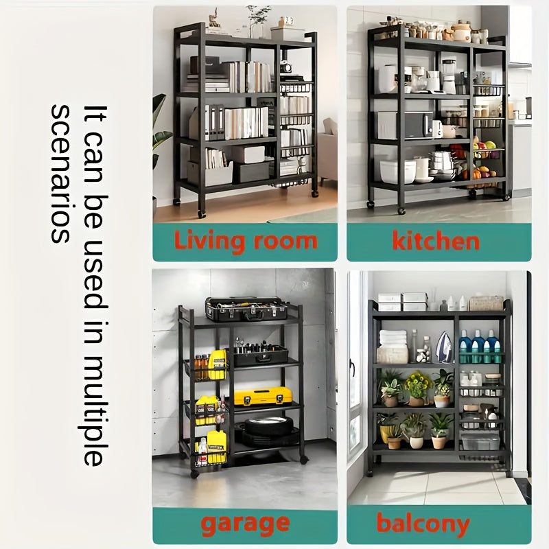 4-Tier Rolling Storage Rack with 3 Wire Baskets – Adjustable Metal Shelf on Wheels for Kitchen, Pantry, Garage, Bathroom & Closet | Movable Standing Organizer Shelf, Housewarming Gift