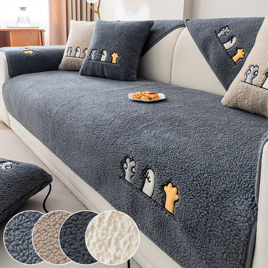 Sofa Cover Plush Shearling Non-Slip Pet-Friendly – Thick Couch Protector with Animal Bone Embroidery for 2 3 4 Seater, Soft Warm Slipcover for Living Room Bedroom Office in Dark Gray Off White Coffee Black