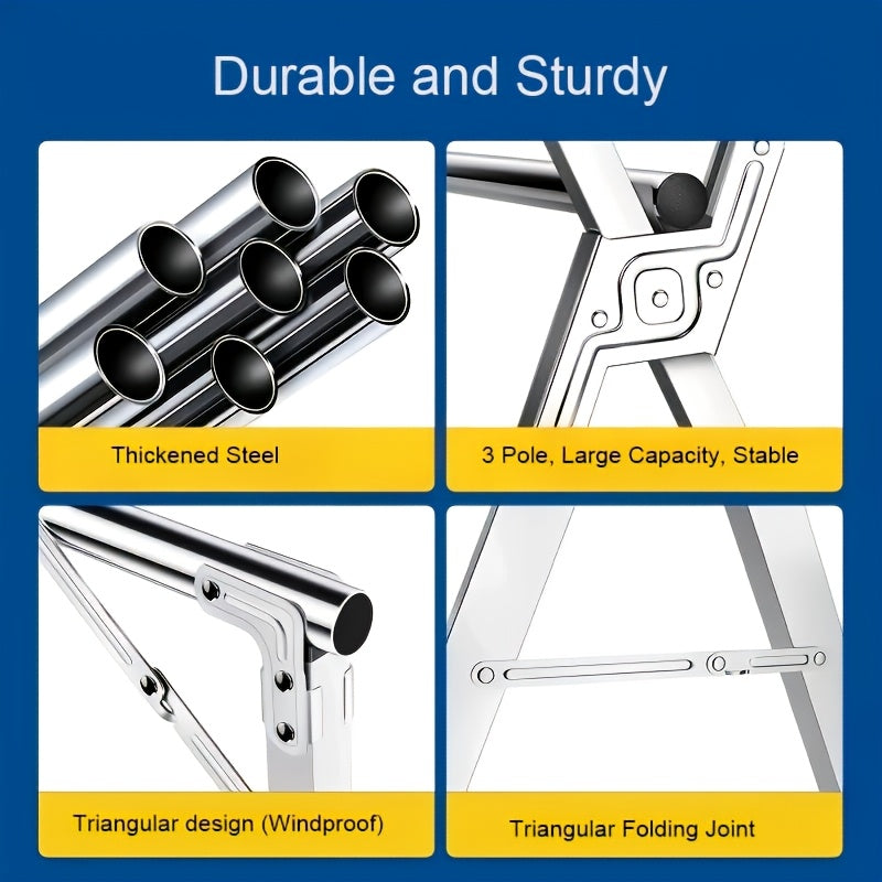 Foldable Clothes Drying Rack 3-Bar – Retractable Stainless Steel Laundry Drying Rack for Indoor & Outdoor Use, Heavy Duty Collapsible Clothesline, 63” / 79” / 95” Adjustable Length