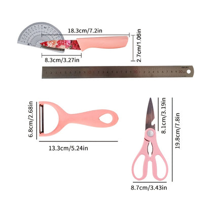 Floral Kitchen Knife Set 6 Piece Jasmine Pattern – High Carbon Stainless Steel Sharp Chef Knife, Meat Cleaver, Bread Knife, Scissors & Peeler, Ergonomic Handle, Cooking Gift for Women & Men