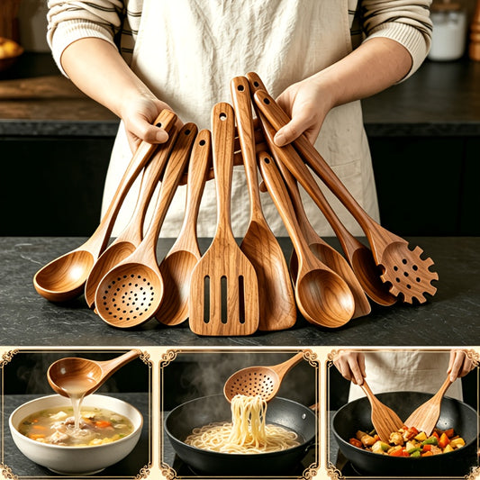 Teak Wood Cooking Utensil Set 10 Piece Non-Stick Friendly Heat Resistant Spoon Spatula Kit with Ergonomic Handles for Stirring Baking Serving