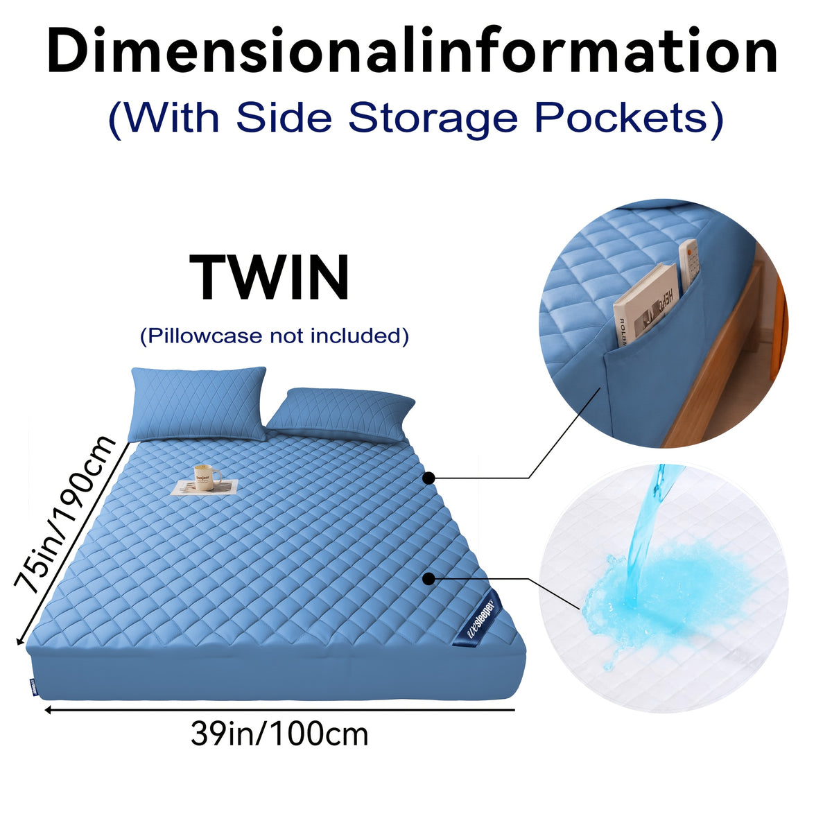 Waterproof Mattress Protector with Side Storage Pocket, Diamond Quilted Deep Pocket Mattress Cover – Breathable Cooling Mattress Pad, Soft Noiseless Bed Protector for Twin Full Queen King, Multiple Colors