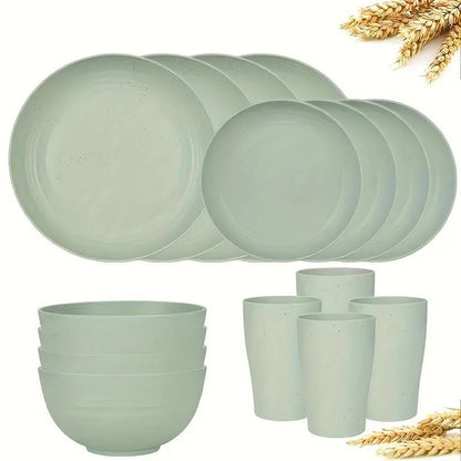 Wheat Straw Dinnerware Set Plates and Bowls 16 or 32 Piece – Microwave & Dishwasher Safe Unbreakable Dish Set for 4 or 8, Lightweight Party Tableware, 7 Colors