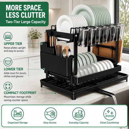 Metal Dish Drying Rack 2 Tier with Drainboard – Rust-Resistant Countertop Dish Drainer, Space-Saving Kitchen Organizer for Plates Cups Utensils, Available in Gray White Black