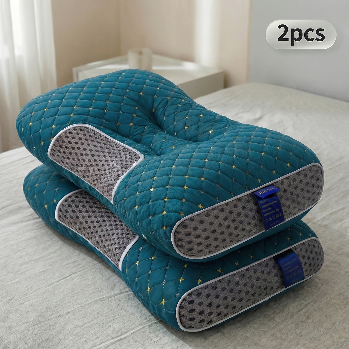 Neck Pillow Set 2 Pack Breathable Ergonomic Design with Removable Zippered Pillowcase - Relieves Shoulder Neck Pressure, 6 Colors Gray Purple Blue Green, Bedroom Travel