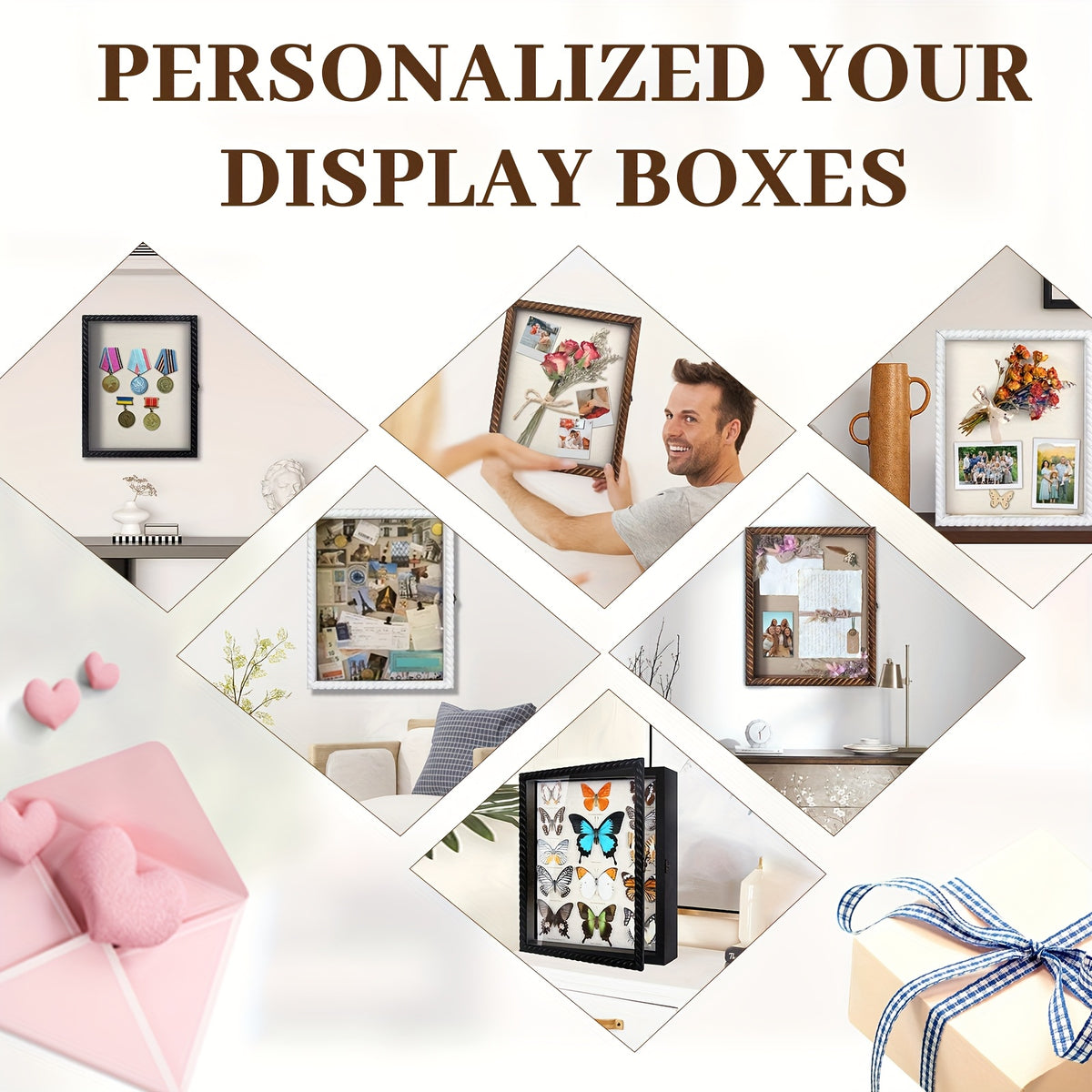 Shadow Box Frame with Linen Back 11x14 12x16, Large Rustic Memory Display Case with 4 Removable Shelves for Flowers Pictures Championship Rings Medals Coins Pins Collection Home Decor Wall Display