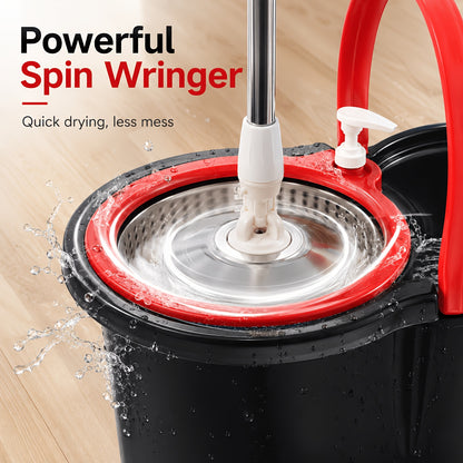 360 Spin Mop and Bucket Set with 3 Microfiber Replacement Heads – Adjustable Handle Floor Cleaning System for Home Bathroom School, Green or Black Red