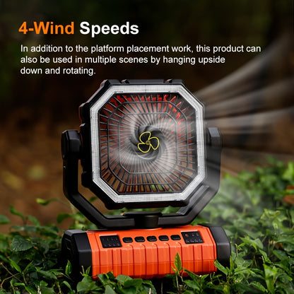 20000mAh Camping Fan with Built-In LED Light – USB Rechargeable Portable Outdoor Cooling Fan, Rugged Sturdy Handle for Tent Hiking Fishing, Compact Design, Green & Orange