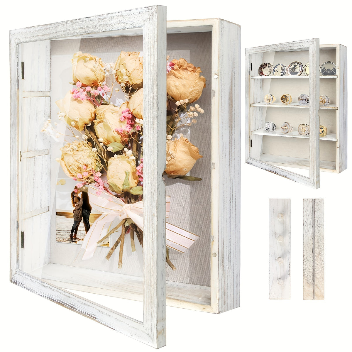 Shadow Box Display Case 11x14 with 4 Removable Shelves & Linen Back - Large Memory Box for Medals, Coins, Rings, Flowers, Photos, Pin Collections, Wall Hanging Frame, Black White Brown