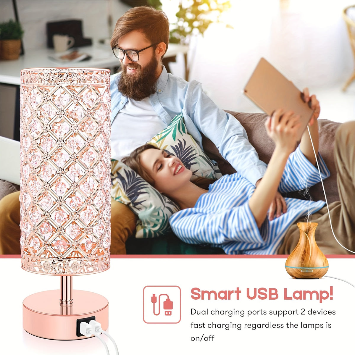 Crystal Table Lamp with Touch Control & 2 USB Ports – 3-Way Dimmable Bedside Nightstand Light for Bedroom, Living Room & Office, LED Bulb Included