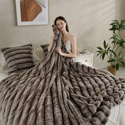Faux Rabbit Fleece Blanket, Double Layer Thickened Soft Warm Throw – All Season Reversible Blanket for Adults, Couch, Bed & Travel, Machine Washable, Throw / Twin XL / Queen / King, Grey Khaki Beige