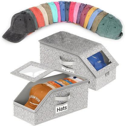 Baseball Cap Storage Box Set of 2 - Large Capacity Hat Organizer with Zipper, Foldable Stackable Dustproof Closet Storage, Multi-Purpose for Hats Clothes Accessories, Durable Fabric