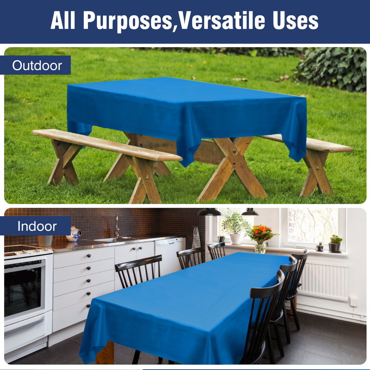Disposable Plastic Tablecloth 12-Pack – Heavy Duty Table Cover for Parties, 84" Round & 54"x108" Rectangle, 22 Colors for Kitchen Dining Outdoor Events