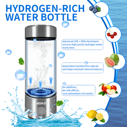 Hydrogen Water Bottle Generator 420ml SPE PEM Technology, Portable Water Ionizer Produces 1600ppb Hydrogen-Rich Water in 3 Min, Borosilicate Glass Hydro Water Machine for Office Travel Fitness