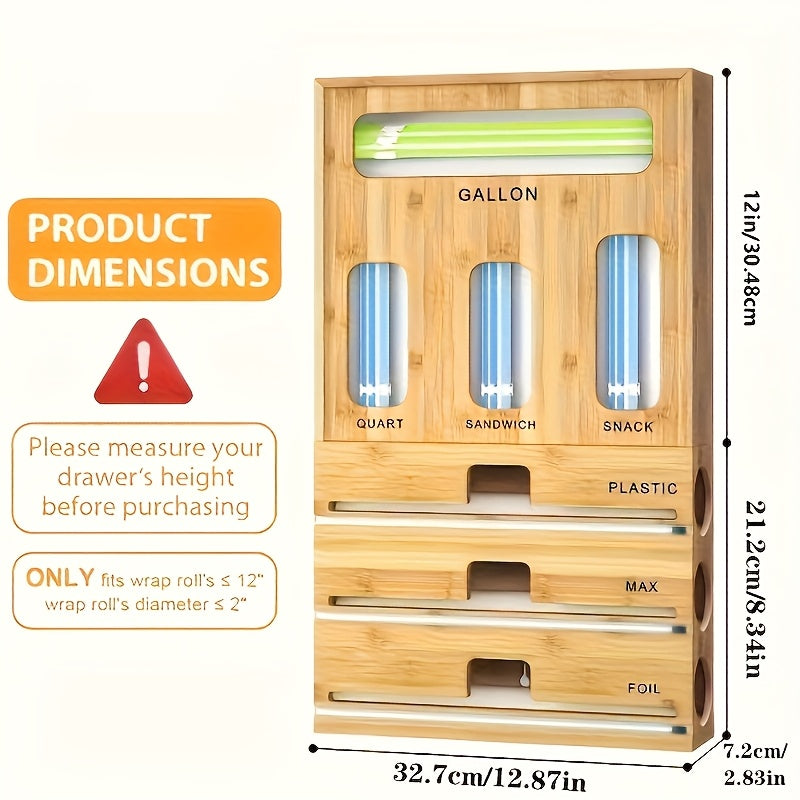Bamboo Kitchen Drawer Organizer 7-in-1 & 9-in-1 – Plastic Wrap, Foil & Storage Bag Holder with Cutter, Compatible with Gallon, Quart, Sandwich & Snack Size Bags, Kitchen Drawer Storage