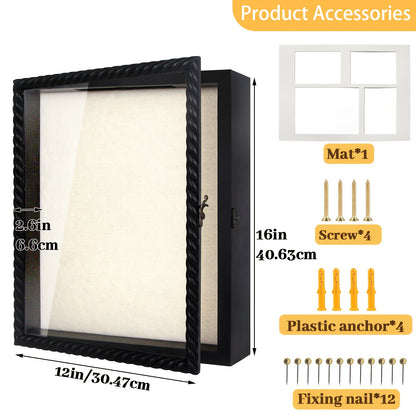 Shadow Box Frame with Linen Back 11x14 12x16, Large Rustic Memory Display Case with 4 Removable Shelves for Flowers Pictures Championship Rings Medals Coins Pins Collection Home Decor Wall Display