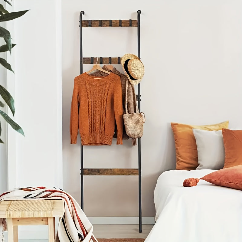 Blanket Ladder 5 Tier Farmhouse Style with 10 Removable Hooks Decorative Wooden Standing Rack for Living Room & Bathroom – Wall Mounted or Freestanding Quilt Towel Throw Storage Holder