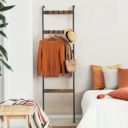 Blanket Ladder 5 Tier Farmhouse Style with 10 Removable Hooks Decorative Wooden Standing Rack for Living Room & Bathroom – Wall Mounted or Freestanding Quilt Towel Throw Storage Holder
