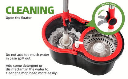 360 Spin Mop and Bucket Set with 3 Microfiber Replacement Heads – Adjustable Handle Floor Cleaning System for Home Bathroom School, Green or Black Red