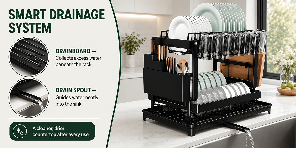 Metal Dish Drying Rack 2 Tier with Drainboard – Rust-Resistant Countertop Dish Drainer, Space-Saving Kitchen Organizer for Plates Cups Utensils, Available in Gray White Black
