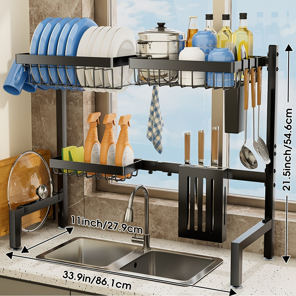 Over Sink Dish Drying Rack 2 Tier Expandable - 304 Stainless Steel Kitchen Dish Rack with Drainage Tray Utensil Holder Knife Holder Cutting Board Holder, Adjustable 30-34 Inch Black