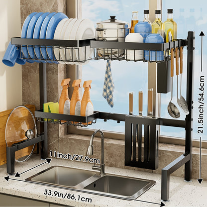 Over Sink Dish Drying Rack 2 Tier Expandable - 304 Stainless Steel Kitchen Dish Rack with Drainage Tray Utensil Holder Knife Holder Cutting Board Holder, Adjustable 30-34 Inch Black