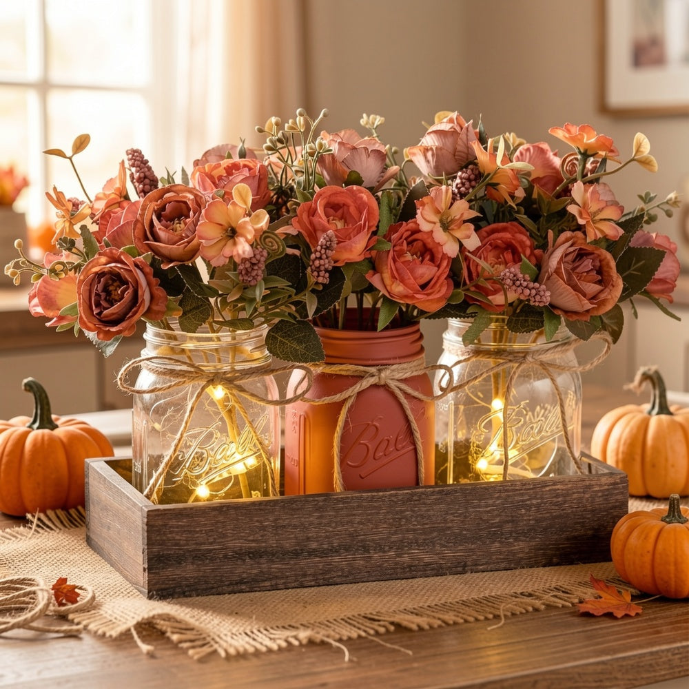 Mason Jar Centerpiece Table Decorations with Wood Tray & LED Lights – 3pcs Farmhouse Dining Room Coffee Table Decor Set for Kitchen Living Room Bathroom, Pink